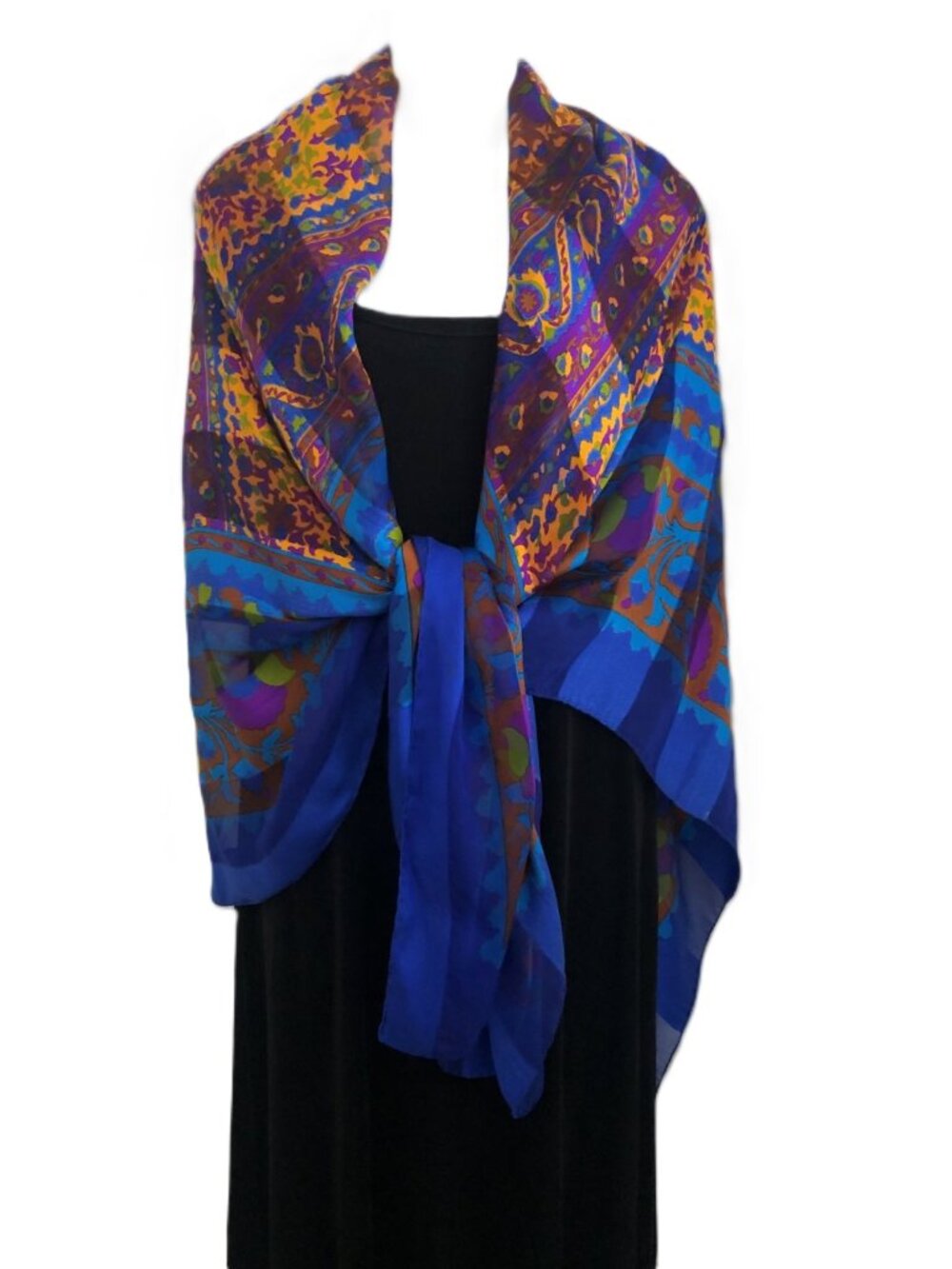 Vintage YSL Silk Blue Print Very Large Scarf or Wrap